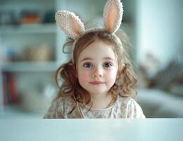 ai generiert jung Mädchen mit Hase Ohren beim ein Weiß Tisch, Ostern Mode Bild foto