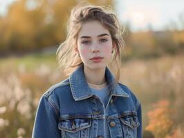 ai generiert jung Frau im Denim Jacke Stehen draußen, Mode Bild foto