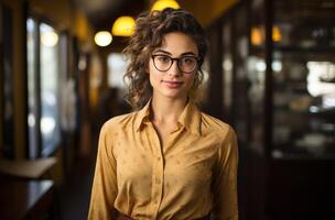 ai generiert Geschäftsfrau tragen Brille steht selbstbewusst im Büro, Einstellung Bild zum Startups foto