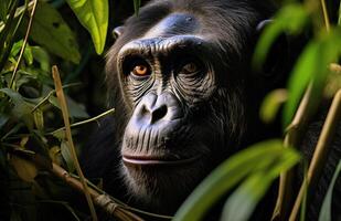ai generiert neugierig Schimpanse erkunden Dschungel, Affen und Primaten Bild foto