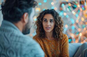 ai generiert Frau Sitzung auf Couch Mann reden zu ihr, mental Gesundheit Annahme Konzept foto