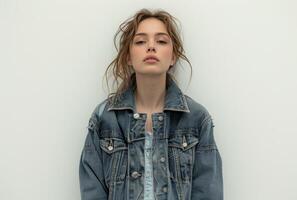 ai generiert Frau im Denim Jacke Stehen gegen Weiß Hintergrund, Mode und Stil Bild foto