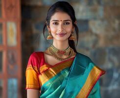 ai generiert schön indisch Frau Vitrinen traditionell Marathi Sari Kleidung, gudi Padwa traditionell Kleidung Bild foto