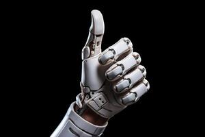 ai generiert männlich Hand tragen ein Weiß sci fi Roboter Handschuh zeigen Daumen oben wie ein Zeichen von die Genehmigung von das Unterseite foto