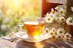 ai generiert ein Tasse von Kräuter- Heide Kamille Tee auf Licht hölzern Tabelle mit Kamille Blumen auf verschwommen rustikal Hintergrund foto