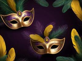 ai generiert Karneval gras Masken mit Gefieder auf lila Hintergrund foto