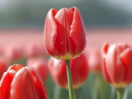 ai generiert rot Tulpen im ein Feld mit Wasser Tröpfchen auf Sie foto