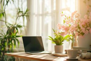 ai generiert Innere von Zuhause Büro mit Schreibtisch, Laptop, Pflanzen, Buch und Frühling Dekor im gemütlich heim. generativ ai foto