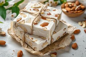 ai generiert Mandel und Honig turron. Nougat mit Nüsse. traditionell Spanisch Mandel Dessert foto