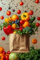 ai generiert ein Kunst Tasche mit Gemüse und Früchte auf ein Licht Hintergrund. Essen Lieferung foto