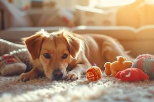 ai generiert Hund beim Zuhause im das Leben Zimmer spielen mit seine Spielzeuge. generativ ai foto