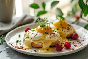 ai generiert köstlich hausgemacht Frühstück mit Eier Benedikt auf ein Platte. generativ ai foto