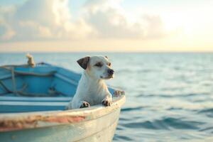 ai generiert Hund auf ein Boot in der Nähe von das Strand. klein Hund im ein hölzern Boot auf das See. generativ ai foto