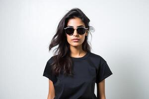 ai generiert Süd asiatisch weiblich Modell- tragen Sonnenbrille foto
