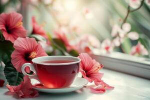 ai generiert heiß Hibiskus Tasse von Tee mit Blumen im das Hintergrund. Frühstück Picknick Tabelle aufstellen. generativ ai foto