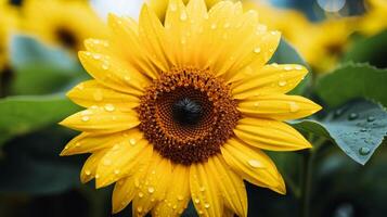 ai generiert beschwingt Gelb Sonnenblume im Wiese schließen oben von Blütenblatt foto
