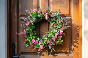 ai generiert Frühling Blume Kranz hängend auf ein Haus hölzern Tür. frisch wild Blumen und Zuhause Dekoration. generativ ai foto