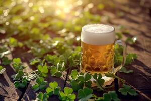 ai generiert st. Patrick's Tag Hintergrund mit ein erfrischend kalt Bier und Klee. generativ ai foto