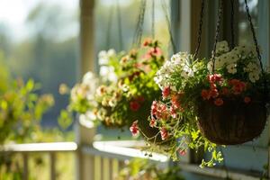 ai generiert hängend Körbe von Blühen Frühling Blumen. generativ ai foto