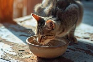 ai generiert Katze isst Essen von ein Schüssel. süß inländisch Tier. generativ ai foto
