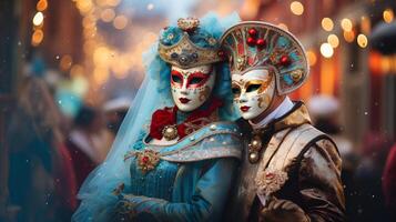 ai generiert Karneval Festival im Venedig Paar von Barock Masken foto