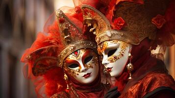 ai generiert Karneval Festival im Venedig Paar von Barock Masken foto