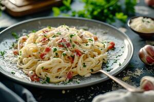 ai generiert Carbonara Pasta. Spaghetti mit Sahne Soße. traditionell Italienisch Küche. generativ ai foto