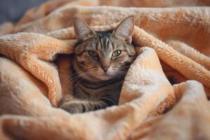 ai generiert süß Kätzchen ruht auf Sanft Decke. Katze unter ein gestrickt Stoff Decke. generativ ai foto