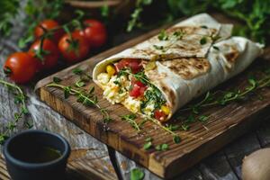 ai generiert Burritos Wraps mit Rindfleisch und Gemüse. Rindfleisch Burritos, Mexikaner Lebensmittel. generativ ai foto