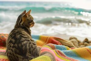 ai generiert süß Katze Sitzung auf ein Strand Handtuch. generativ ai foto