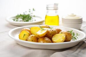 ai generiert gekocht Kartoffeln mit Soße. Teller von lecker Kartoffeln auf sonnig Licht Hintergrund. generativ ai foto