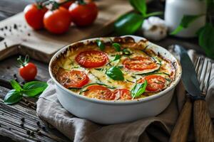 ai generiert Zucchini und Tomaten Gratin mit Bechamel Soße und Käse. generativ ai foto