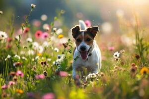 ai generiert Hund Laufen durch ein Feld. Haustier und Frühling. generativ ai foto