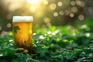 ai generiert st. Patrick's Tag Hintergrund mit ein erfrischend kalt Bier und Klee. generativ ai foto