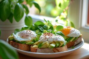 ai generiert Avocado Toast mit pochiert Eier. gesund Frühstück. generativ ai foto