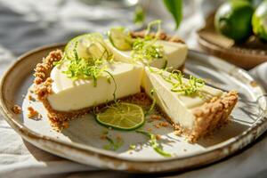 ai generiert Scheibe von Schlüssel Limette Kuchen mit Limette Zitrusschale. generativ ai foto