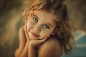ai generiert ein Nahansicht Porträt von ein wenig Mädchen .sie ist ein hübsch, süss, attraktiv, neugierig, kreativ, heiter Mädchen foto