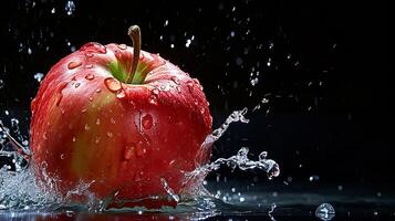 ai generiert frisch Apfel mit bespritzt Wasser isoliert auf schwarz Hintergrund foto