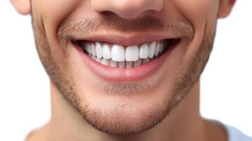 ai generiert jung Mann mit schön Lächeln auf Weiß Hintergrund. Zähne bleichen, Zahnarzt Werbung foto