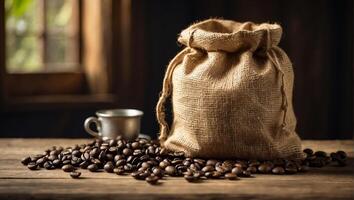 ai generiert Tasche von Kaffee Bohnen im das Küche foto