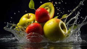 ai generiert frisch reif Obst und Erdbeere, Wasser Tropfen, Spritzen foto