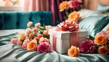 ai generiert schön Geschenk Kasten, Blumen im das Schlafzimmer foto