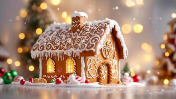 ai generiert Schön, Lebkuchen, Haus foto