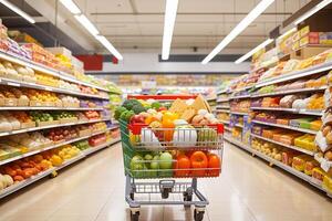 ai generiert Essen Wagen im ein Supermarkt foto