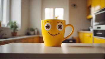 ai generiert süß komisch Tasse mit Augen und Lächeln im das Küche foto