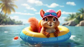 ai generiert süß Eichhörnchen im ein Schwimmen Kreis beim Meer komisch foto