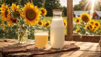 ai generiert Milch Flaschen auf das Bauernhof foto