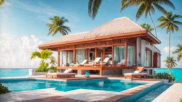 ai generiert schön Hotel mit ein Schwimmen Schwimmbad foto