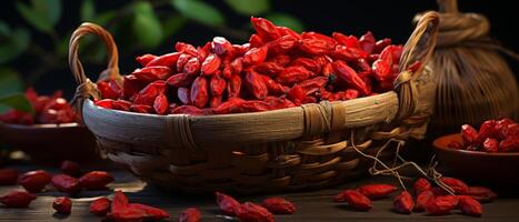 ai generiert frisch Goji Beeren auf ein rustikal hölzern Tisch. foto