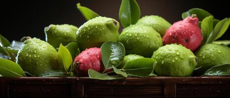 ai generiert frisch Guaven und Zitronen im ein hölzern Kasten. foto